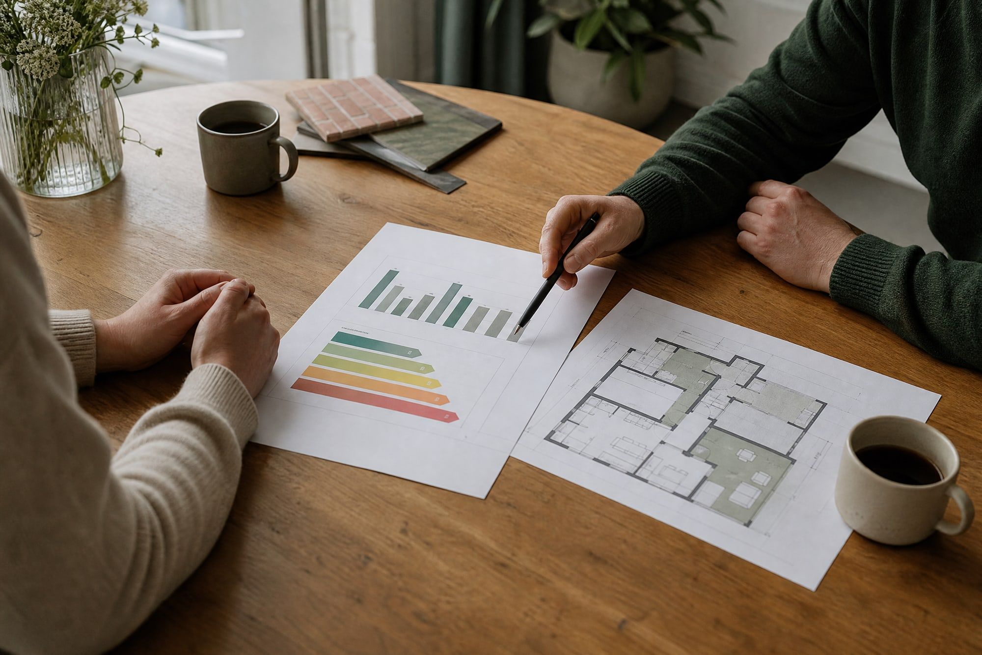 Adviesgesprek aan tafel met rapport en plattegrond
